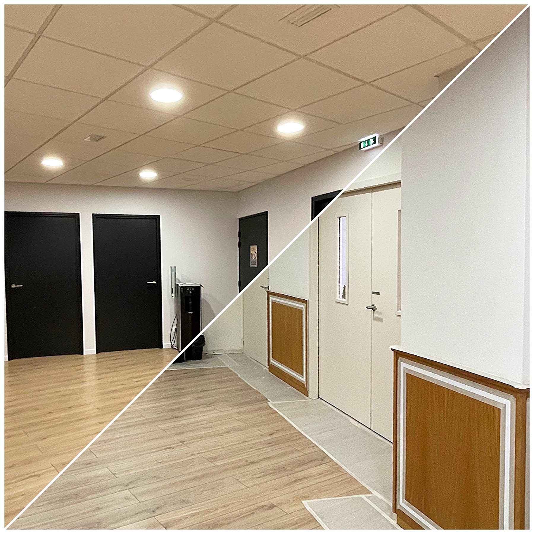 Couloir de bureaux rénové en haut à gauche, ancien en bas à droite