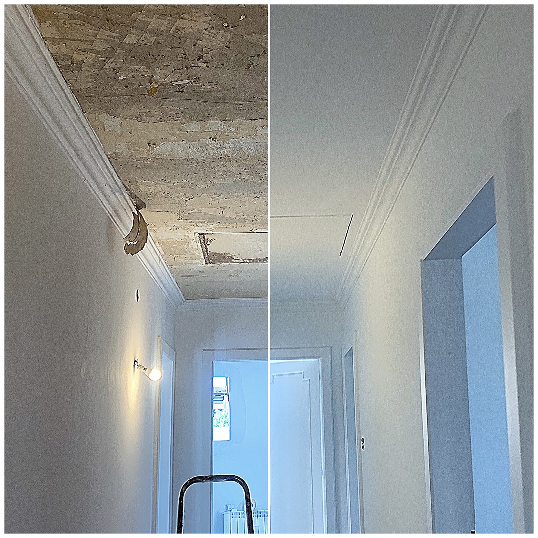 Plafond de couloir abîmé à gauche, refait à droite