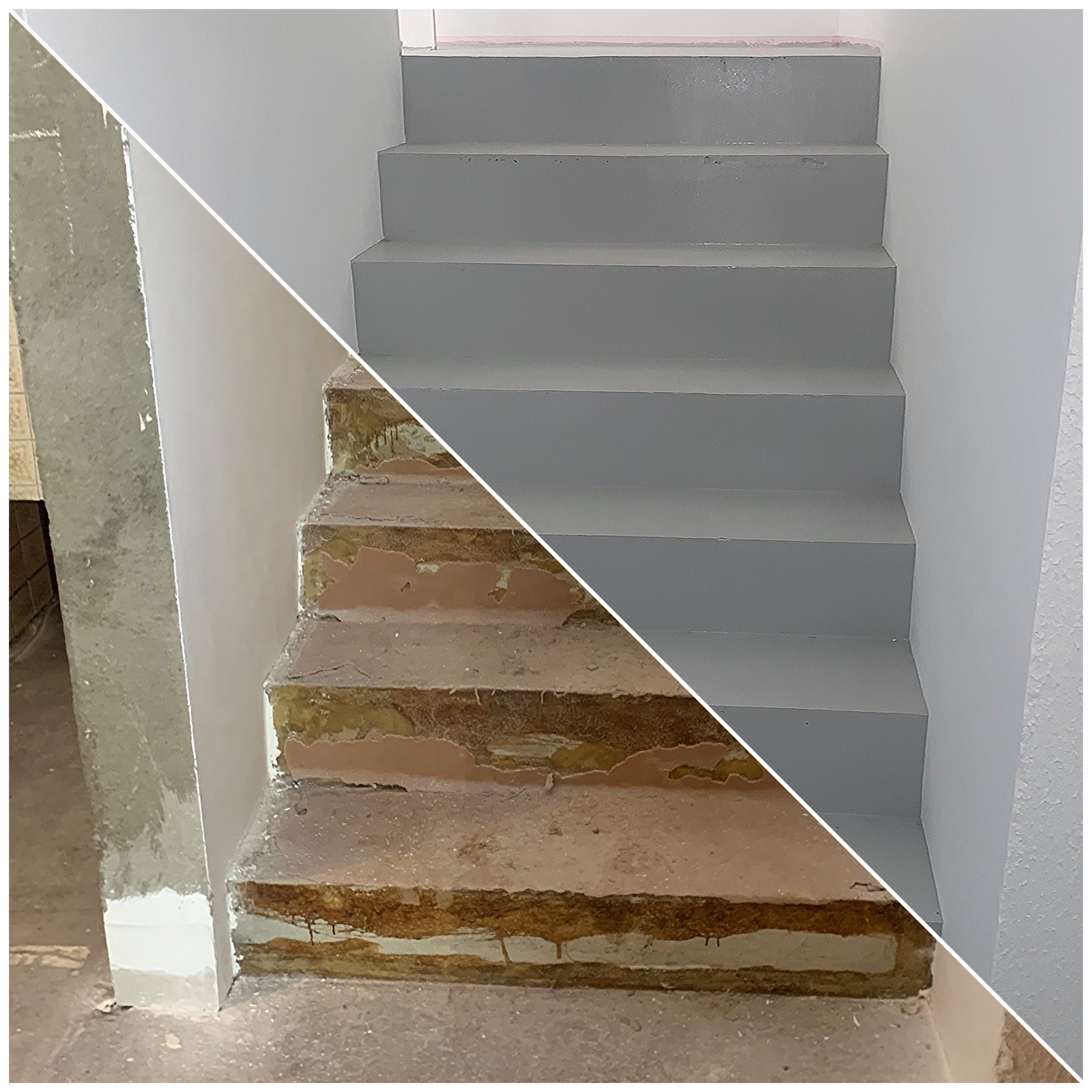 Escalier brut en bas à gauche, peint en gris en haut à droite