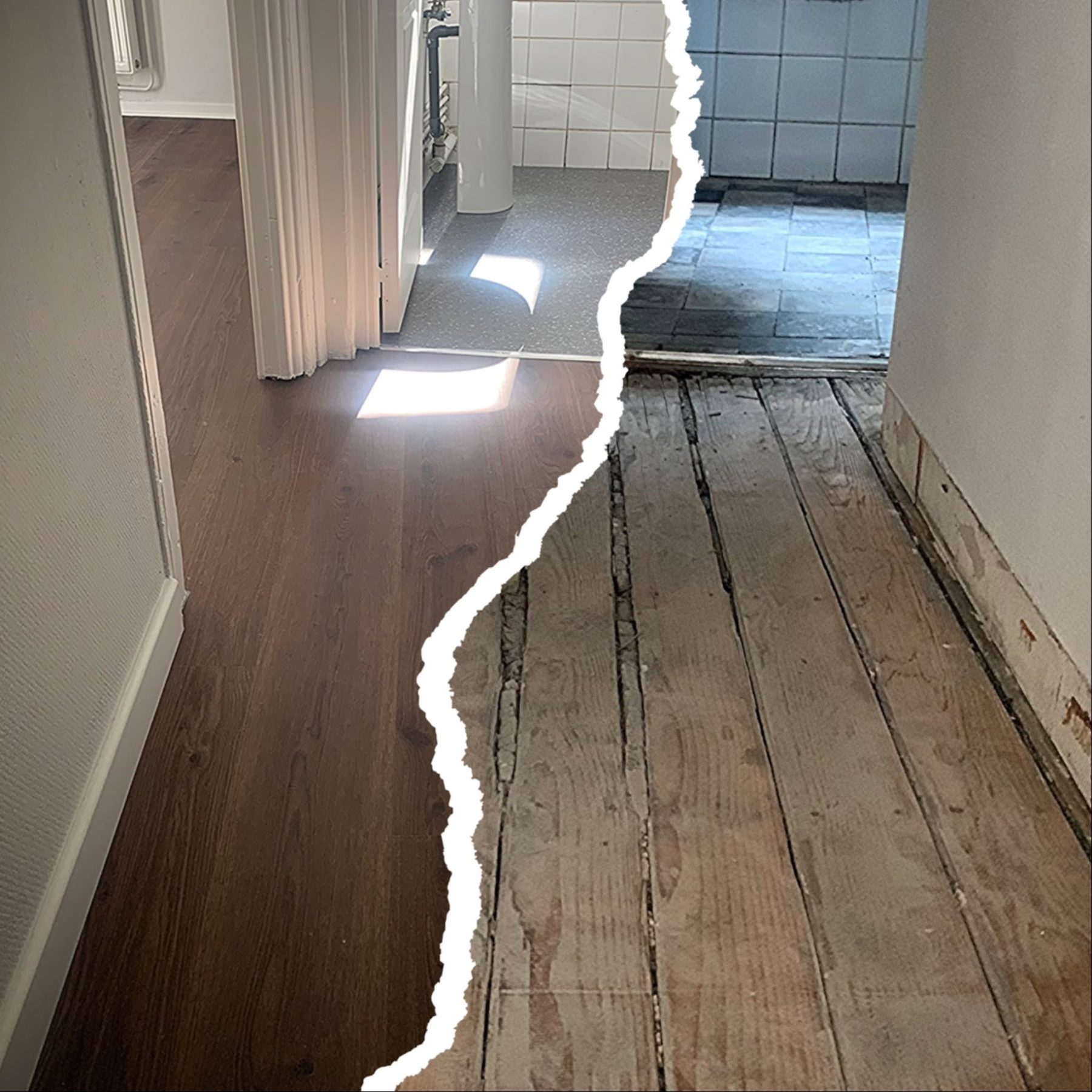 Nouveau parquet à gauche, vieux plancher à droite