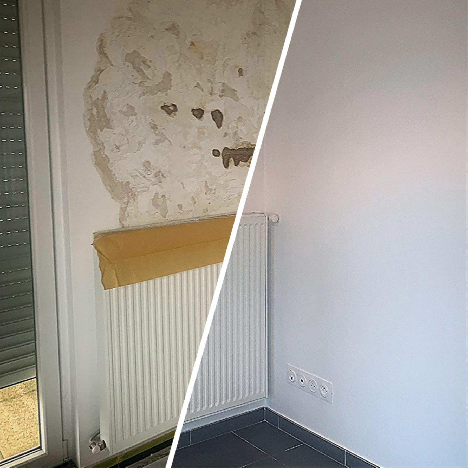 Mur abîmé à gauche, mur remis en état à droite